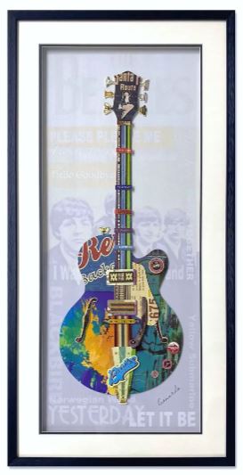 Framed Beatles Blue Guitar Collage 20''x 40'' beatles background