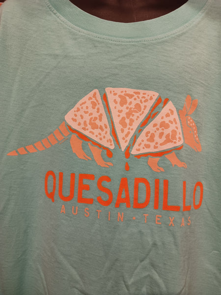 Quesadillo ATX Kid's Shirt teal close up