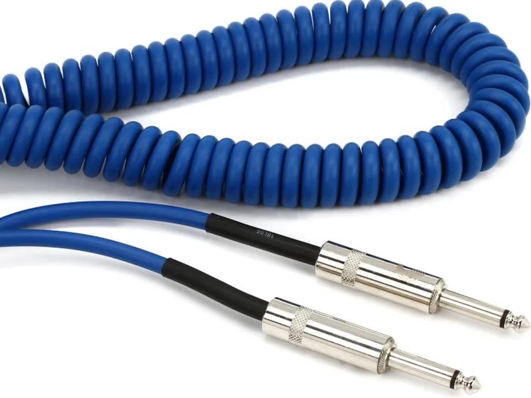 Coiled Straight to Straight Instrument Cable - 30 foot Blue