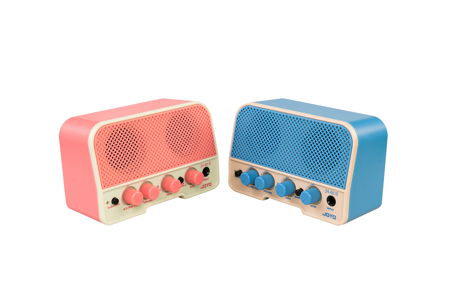 JOYO Mini Rechargeable Bluetooth 5W Guitar Amp blue and pink side views 