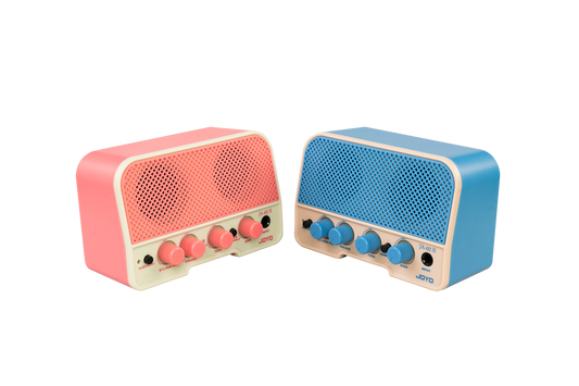 JOYO Mini Rechargeable Bluetooth 5W Guitar Amp blue and pink side views 