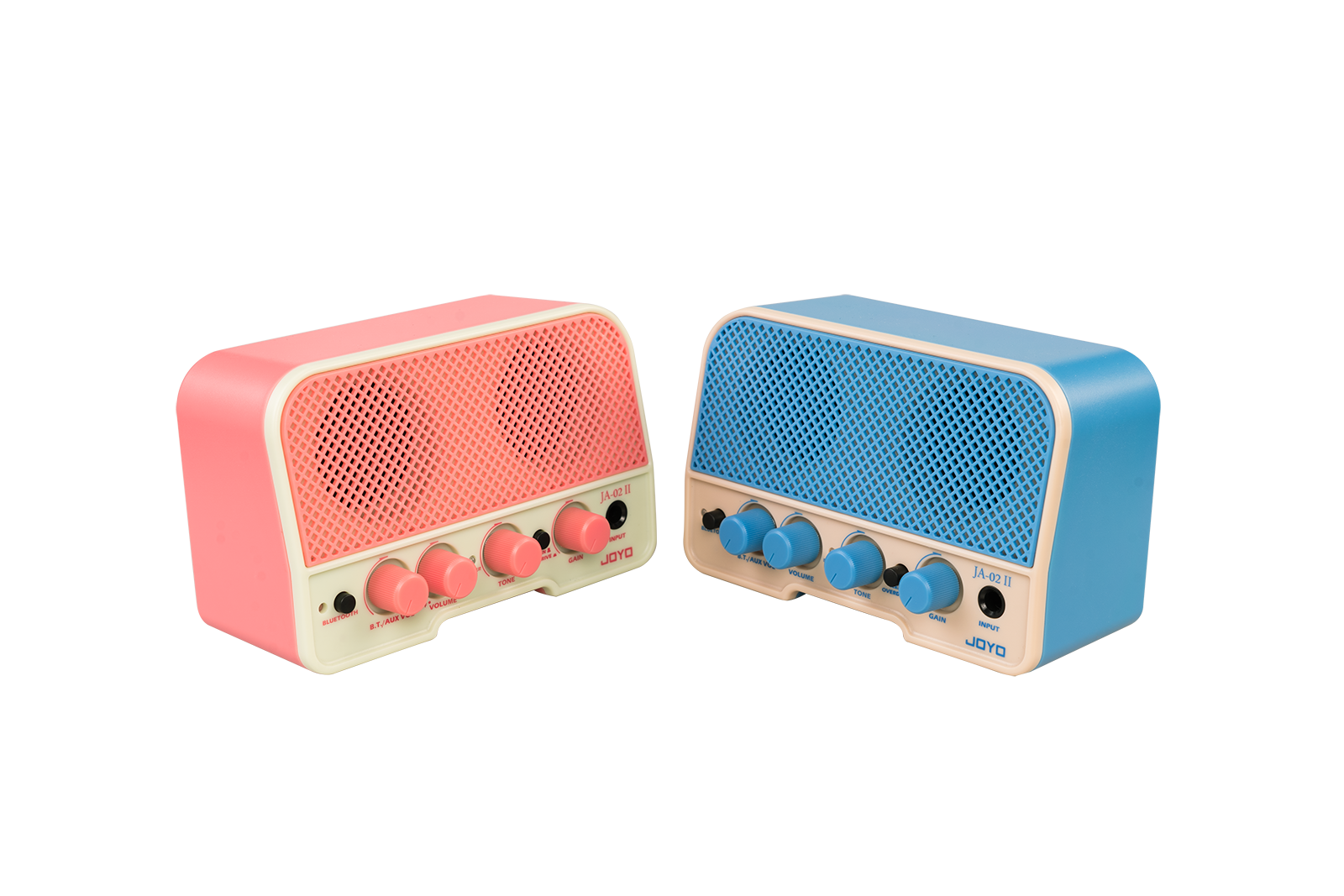 JOYO Mini Rechargeable Bluetooth 5W Guitar Amp blue and pink side views 