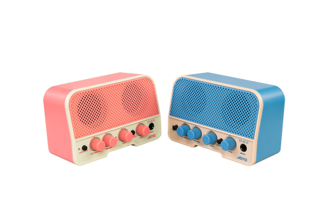 JOYO Mini Rechargeable Bluetooth 5W Guitar Amp blue and pink side views 