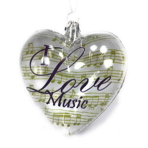 I Love Music Heart Glass Ornament front