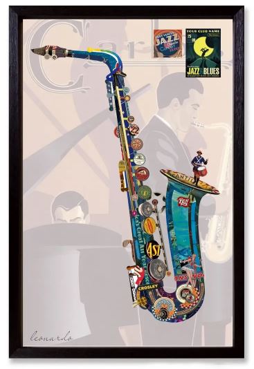 Framed Blue Saxophone Collage 24'' X 36''