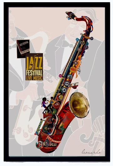 Framed Orange Saxophone Collage 24'' X 36''