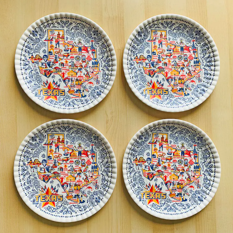 Texas Map "Paper" Melamine Plate Set 9 in (4 Pack)