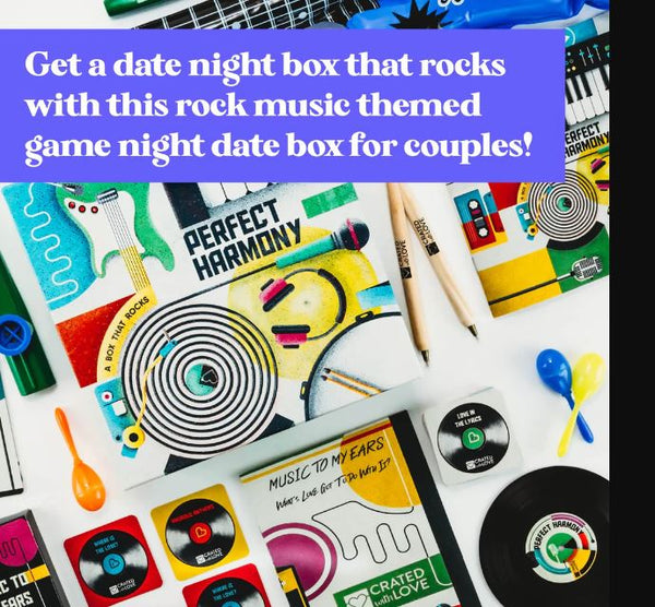 Get a date night box that rocks with this rock music themed game night date box for couples.