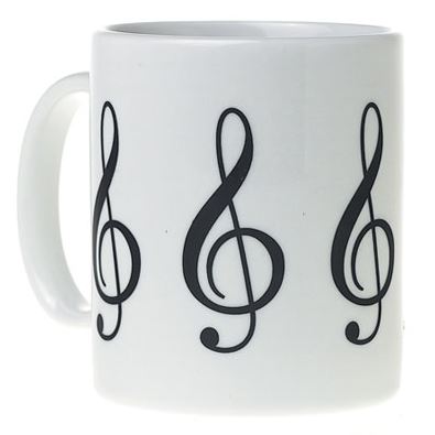 White mug with treble clefs